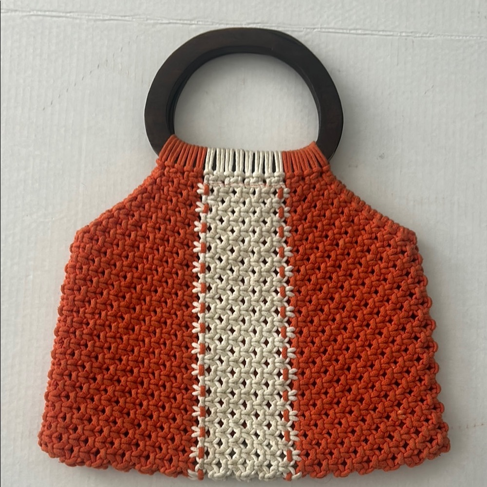 Forever 21 Orange and Cream Crocheted Wooden Handle Bag Purse